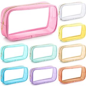 9 Pcs Preppy Clear Makeup Bag DIY Chenille Letter Pouch Large Nylon Makeup Bag Travel Toiletry Zipper Cosmetic Pouch Organizer Bags PVC Preppy Stuff for Women Girls, 9.5 x 5.1 x 2.8 Inch (Cream White)