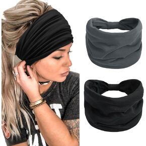 TERSE 2 Packs Headbands for Women Boho Extra Wide 7’’ Black Head Bands African Knotted Non Slip Fashion Hair Band Stretch Yoga Workout Running Gym Hairbands Turban Bandana for Girls