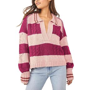 Meenew Women Casual Loose Crop Long Sleeve Sweater Tops Plunge V Neck Knit Pullover Sweater