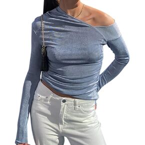 بلوزة قصيرة بكتف واحد للنساء من BOUFOR - تي شيرت نحيف بأكمام طويلة - رقبة غير متماثلة أساسية صلبة كاجوال للخريف in Kuwait