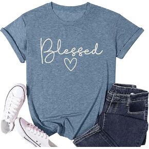 Blessed T-Shirt for Women Cute Heart Graphic Letter Print Sayings Shirts Casual Short Sleeve Thankful Tee Tops in Kuwait