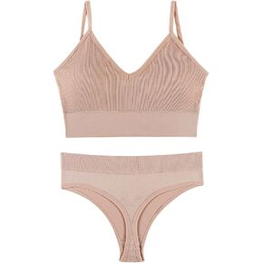MINUOYI Ladies' Lingerie Set Wire Free Thin Padded Cup U Back Bra With Sexy T-back Thong Solid Color Sports Underwear