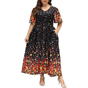 Nemidor Womens Plus Size Boho Floral Print Casual Flared Maxi Dress with Pocket NEM420