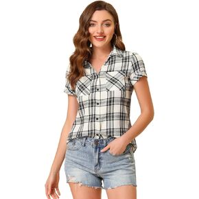 Allegra K Women's Cotton Classic Button Down Western Plaid Shirt in Kuwait