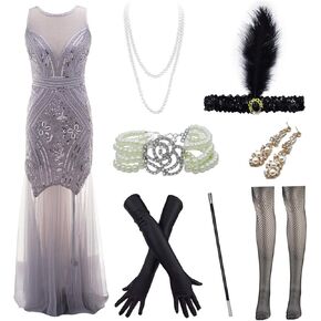 Women 's 1920s Sequin Gatsby Maxi Long Evening Dress with Accessories Set