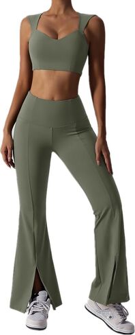 ABOCIW Workout Sets for Women 2 Piece High Waist Flared Leggings Slit Hem V Neck Sports Bra Gym Yoga Outfits in Saudi Arabia