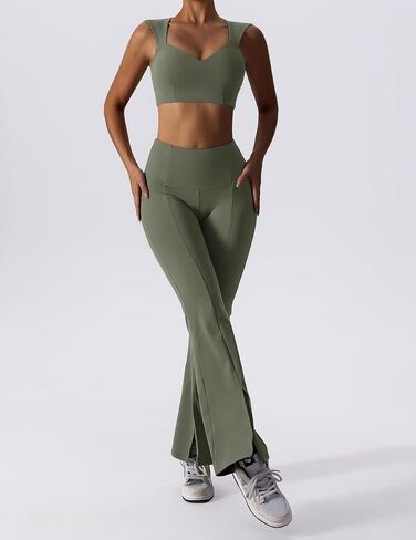 ABOCIW Workout Sets for Women 2 Piece High Waist Flared Leggings Slit Hem V Neck Sports Bra Gym Yoga Outfits in Saudi Arabia