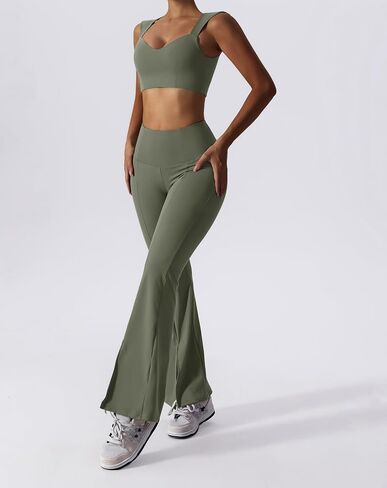 ABOCIW Workout Sets for Women 2 Piece High Waist Flared Leggings Slit Hem V Neck Sports Bra Gym Yoga Outfits in Saudi Arabia