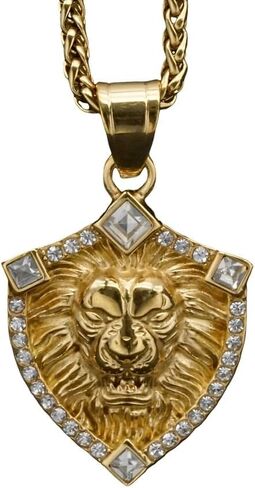 Lion Shield Necklace for Men, Hip Hop Lion Necklace, Norse Viking Lion Head Shield Pendant Necklace with 23.6"Chain, Stainless Steel Punk Rock Lion Pendant, Vintage Animal Roaring Lion Necklace Jewelry Gift for Men Boys in Kuwait