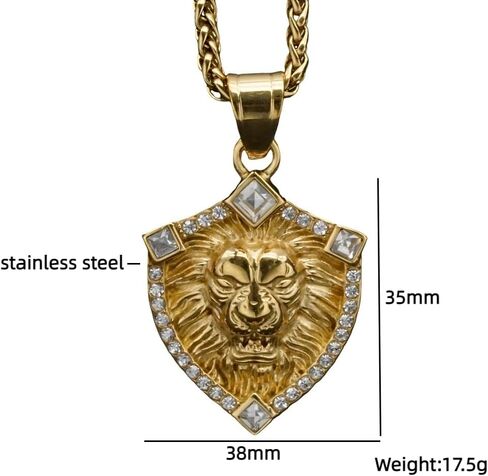 Lion Shield Necklace for Men, Hip Hop Lion Necklace, Norse Viking Lion Head Shield Pendant Necklace with 23.6"Chain, Stainless Steel Punk Rock Lion Pendant, Vintage Animal Roaring Lion Necklace Jewelry Gift for Men Boys in Kuwait