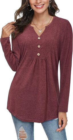 LAISHEN Women's Long Sleeve button Down Tunic Tops Henley V Neck Casual Swing Shirts Blouse in Kuwait