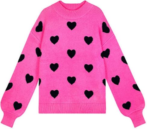 Cute Sweaters for Women Girls Lovely Heart Printed Loose Casual Oversized Sweaters Crewneck Long Sleeve Pullover Knit Top in Kuwait