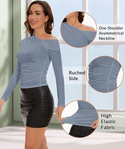 بلوزة قصيرة بكتف واحد للنساء من BOUFOR - تي شيرت نحيف بأكمام طويلة - رقبة غير متماثلة أساسية صلبة كاجوال للخريف in Kuwait