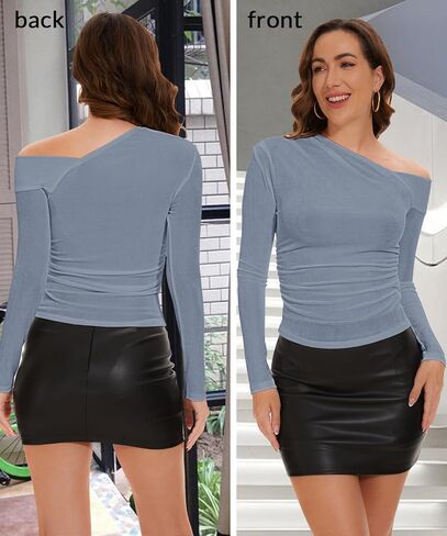 بلوزة قصيرة بكتف واحد للنساء من BOUFOR - تي شيرت نحيف بأكمام طويلة - رقبة غير متماثلة أساسية صلبة كاجوال للخريف in Kuwait