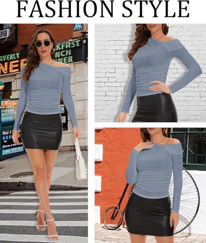 بلوزة قصيرة بكتف واحد للنساء من BOUFOR - تي شيرت نحيف بأكمام طويلة - رقبة غير متماثلة أساسية صلبة كاجوال للخريف in Kuwait