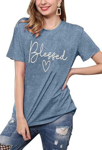 Blessed T-Shirt for Women Cute Heart Graphic Letter Print Sayings Shirts Casual Short Sleeve Thankful Tee Tops in Kuwait