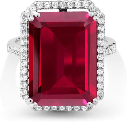 خاتم خطوبة من الفضة الإسترليني عيار 925 من Gem Stone King مصنوع من الياقوت الأحمر للنساء (1.50 قيراط، قطع الزمرد 18 × 13 مم، متوفر بمقاس 5، 6، 7، 8، 9) in Kuwait