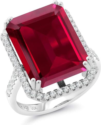 خاتم خطوبة من الفضة الإسترليني عيار 925 من Gem Stone King مصنوع من الياقوت الأحمر للنساء (1.50 قيراط، قطع الزمرد 18 × 13 مم، متوفر بمقاس 5، 6، 7، 8، 9) in Kuwait