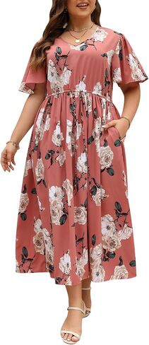 Nemidor Womens Plus Size Boho Floral Print Casual Flared Maxi Dress with Pocket NEM420 in Saudi Arabia