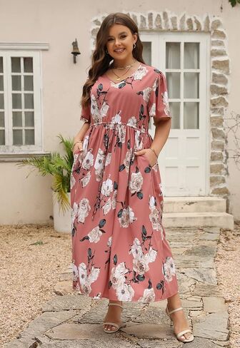 Nemidor Womens Plus Size Boho Floral Print Casual Flared Maxi Dress with Pocket NEM420 in Saudi Arabia