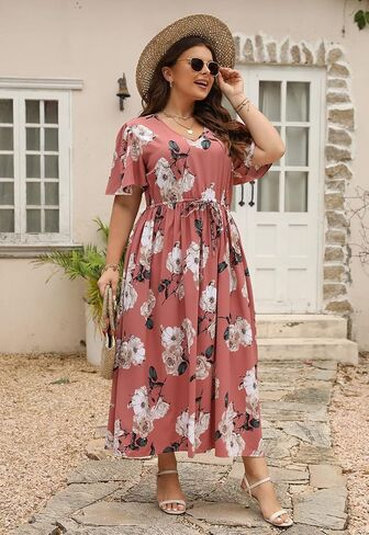 Nemidor Womens Plus Size Boho Floral Print Casual Flared Maxi Dress with Pocket NEM420 in Saudi Arabia