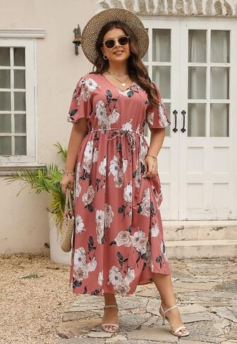 Nemidor Womens Plus Size Boho Floral Print Casual Flared Maxi Dress with Pocket NEM420 in Saudi Arabia
