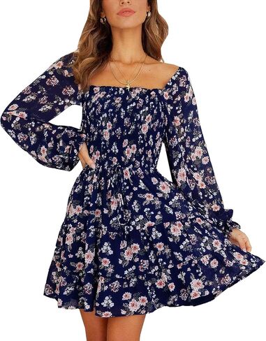 فستان Deerose نسائي من الشيفون المزين بالزهور وأكمام طويلة فساتين صيفية واسعة in Kuwait