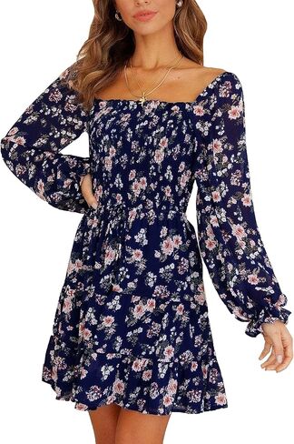 فستان Deerose نسائي من الشيفون المزين بالزهور وأكمام طويلة فساتين صيفية واسعة in Kuwait