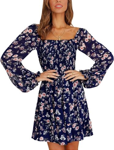 فستان Deerose نسائي من الشيفون المزين بالزهور وأكمام طويلة فساتين صيفية واسعة in Kuwait