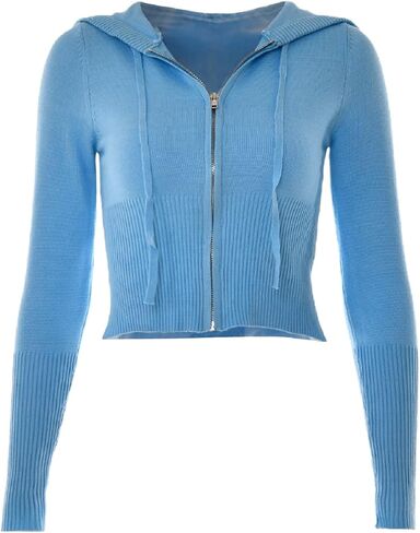 Aonoapll Women Knitted Zip Up Crop Hoodies Ribbed Knit Long Sleeve Hoodie Jacket Y2k Drawstring Knit Sweatshirt in Kuwait