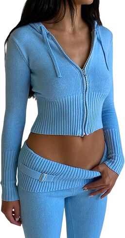 Aonoapll Women Knitted Zip Up Crop Hoodies Ribbed Knit Long Sleeve Hoodie Jacket Y2k Drawstring Knit Sweatshirt in Kuwait