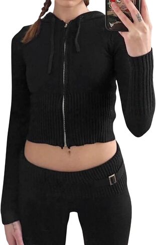 Aonoapll Women Knitted Zip Up Crop Hoodies Ribbed Knit Long Sleeve Hoodie Jacket Y2k Drawstring Knit Sweatshirt in Kuwait