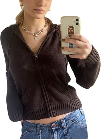 Aonoapll Women Knitted Zip Up Crop Hoodies Ribbed Knit Long Sleeve Hoodie Jacket Y2k Drawstring Knit Sweatshirt in Kuwait