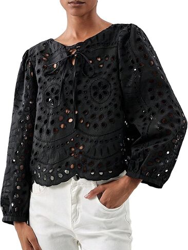 Verdusa Women's Hollow Out Scalloped Blouse Puff Sleeve Tie Front Round Neck Top in Saudi Arabia