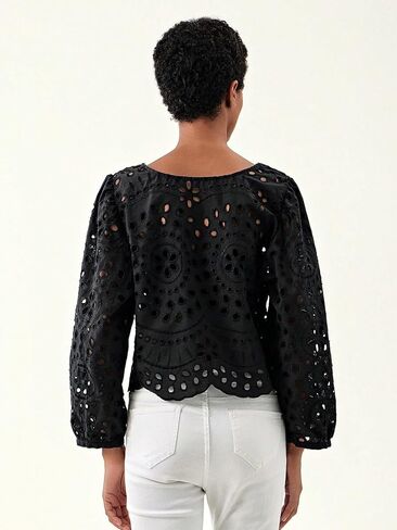 Verdusa Women's Hollow Out Scalloped Blouse Puff Sleeve Tie Front Round Neck Top in Saudi Arabia