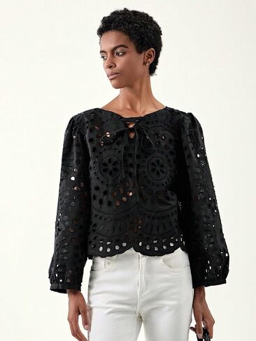Verdusa Women's Hollow Out Scalloped Blouse Puff Sleeve Tie Front Round Neck Top in Saudi Arabia