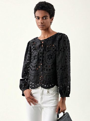 Verdusa Women's Hollow Out Scalloped Blouse Puff Sleeve Tie Front Round Neck Top in Saudi Arabia