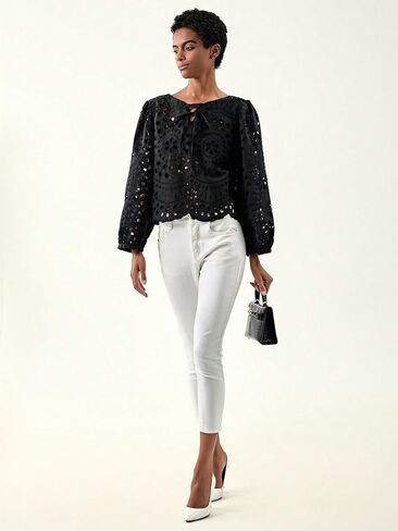 Verdusa Women's Hollow Out Scalloped Blouse Puff Sleeve Tie Front Round Neck Top in Saudi Arabia