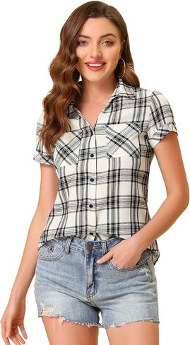 Allegra K Women's Cotton Classic Button Down Western Plaid Shirt in Kuwait
