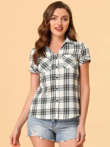 Allegra K Women's Cotton Classic Button Down Western Plaid Shirt in Kuwait