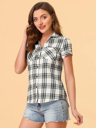 Allegra K Women's Cotton Classic Button Down Western Plaid Shirt in Kuwait