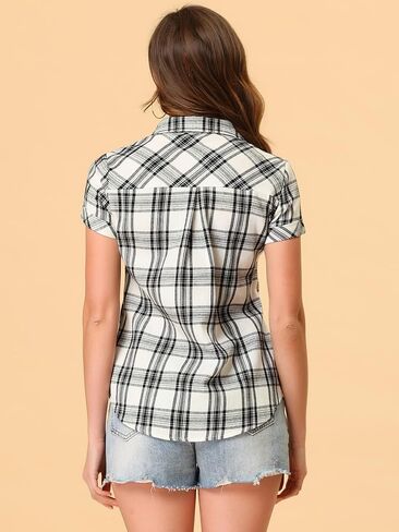 Allegra K Women's Cotton Classic Button Down Western Plaid Shirt in Kuwait