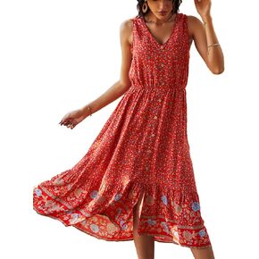 TEMOFON Women Dress Summer Sleeveless Bohemian: Floral V Neck Button Down Flowy Boho Dresses S-XL in Kuwait