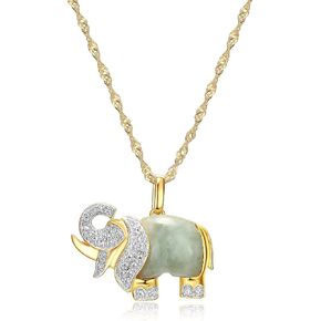 18k Yellow Gold Plated 925 Sterling Silver Genuine Green Jade with Diamond or Created White Sapphire Animal Pendant Necklace, 18"