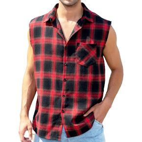 JG JENNY GHOO Men's Sleeveless Plaid Flannel Shirt-Casual Button Down Vest Shirts