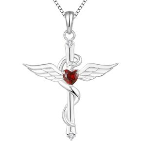 STARCHENIE Angel Wings Cross Necklace 925 Sterling Silver Snake Pendant Heart Birthstone Jewelry for Women