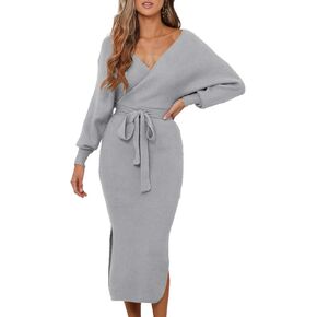 Sexyshine Women's Sexy Deep V-Neck Long Batwing Sleeve Backless Mini Slim Fit Bodycon Pencil Knit Sweater Dress with Belt