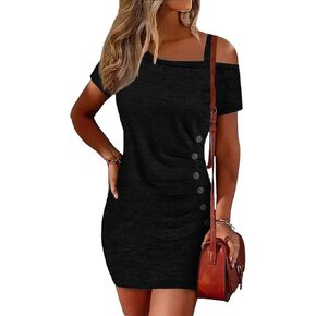 Women Button Ruched One Sided Cold Shoulder Mini Dress Sexy Bodycon Mini Dress Cocktail Party Short Dress with Buttons