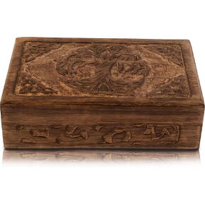 Great Birthday Gifts Handmade Decorative Wooden Jewelry Box Tree Of Life Carving Jewelry Organizer Keepsake Box Treasure Chest Trinket Holder Watch Box Storage Lock Box Housewarming Gift (Brown)