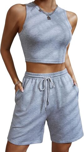 MakeMeChic Women's Casual 2 Piece Outfits Crop Tank Top Drawstring Waist Sweat Shorts Workout Running Set in Saudi Arabia